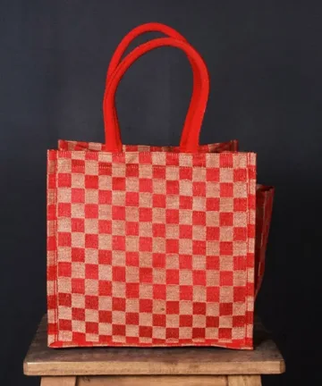 GLEN - jute mini shopping bag with bottle holder. Color: Red and Brown Length: 12 inches Width: 12 inches Height: 8 inches Price: ₹600
