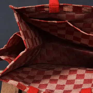 GLEN - jute mini shopping bag with bottle holder. Color: Red and Brown Length: 12 inches Width: 12 inches Height: 8 inches Price: ₹600