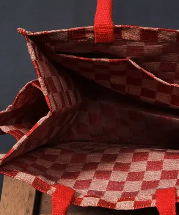 GLEN - jute mini shopping bag with bottle holder. Color: Red and Brown Length: 12 inches Width: 12 inches Height: 8 inches Price: ₹600