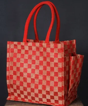 GLEN - jute mini shopping bag with bottle holder. Color: Red and Brown Length: 12 inches Width: 12 inches Height: 8 inches Price: ₹600